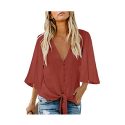 luvamia Womens V Neck Tops Ruffle 3 by 4 Sleeve Tie Knot Blouses Button Down Shirts