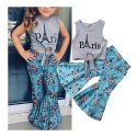 Baby Girl Top Gray T-shirt+Wide Leg Flare Bell Bottom Floral Pant Outfit Fashion Summer Set