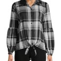 French Laundry Womens Long Sleeve High Low Tie Front Plaid Top