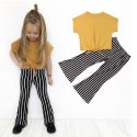 Little Baby Girls Clothing Sets Yellow Tops Shirt and Striped Flare Bell Bottom Pants Leggings Outfits