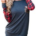 Women’s Popular Bottoming Shirt Plaid Stitching Sequin Pocket Round Neck Long Sleeve Blouse
