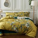 mixinni Garden Style Cotton Flowers and Birds Pattern Printed Gold Duvet Cover Reversible Design Peacock Blue 3 Piece Bedding Duvet Set with Zipper Closure